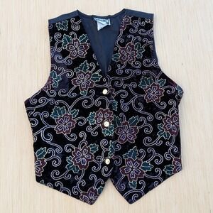 Women's Medium Vest Vintage 90's Dark Purple‎ Velvet Floral Embellished Festive